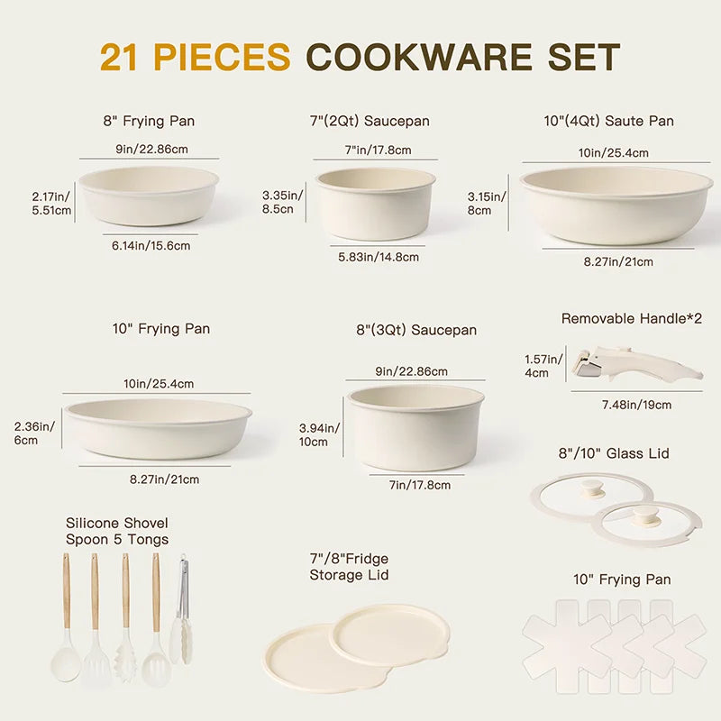 Astercook 21-Piece Ceramic Cookware Set – Nonstick, Sensor Handles, Milky White