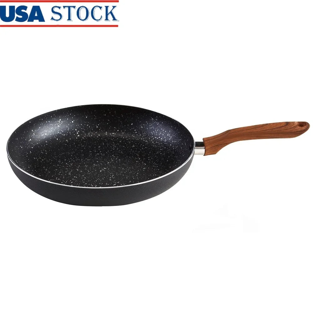 Nonstick Speckled Aluminum Fry Pan – Ergonomic Wood-Look Handle, Easy Clean Multi-Purpose Cookware