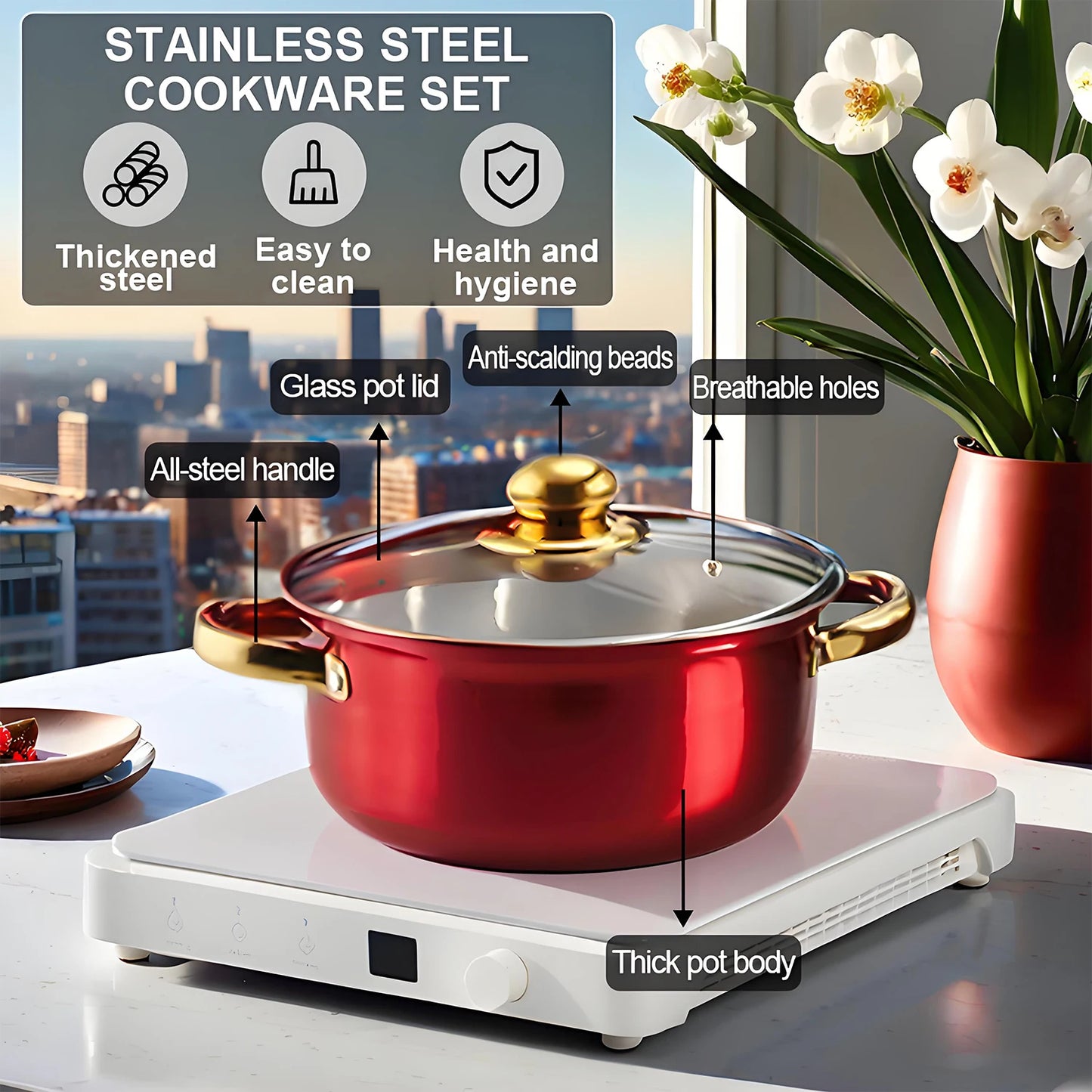 Red 12-Piece Nonstick Stainless Steel Cookware Set – Complete Kitchen Solution