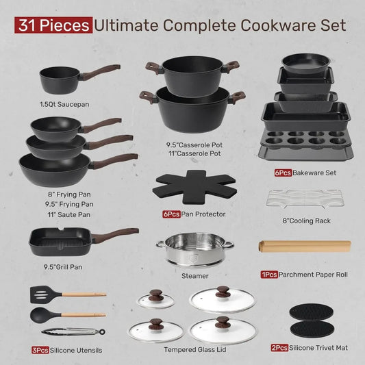 31-Piece Nonstick Pots & Pans Cookware Set – Complete Kitchen Cooking Set with Grill Pan & Utensils