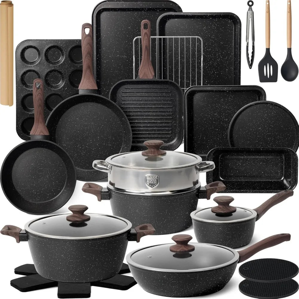 31-Piece Nonstick Pots & Pans Cookware Set – Complete Kitchen Cooking Set with Grill Pan & Utensils