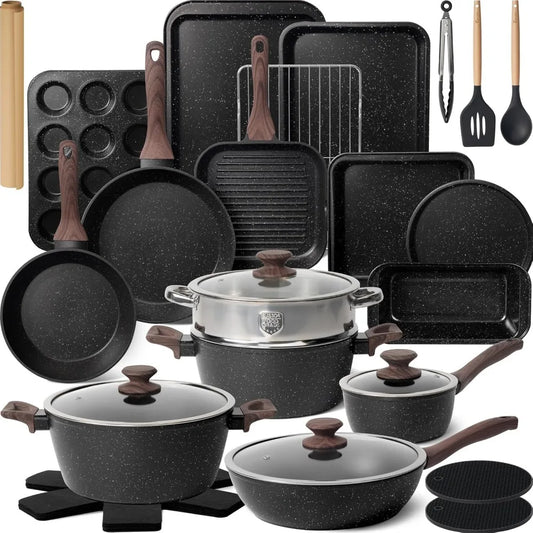 31-Piece Nonstick Pots & Pans Cookware Set – Complete Kitchen Cooking Set with Grill Pan & Utensils