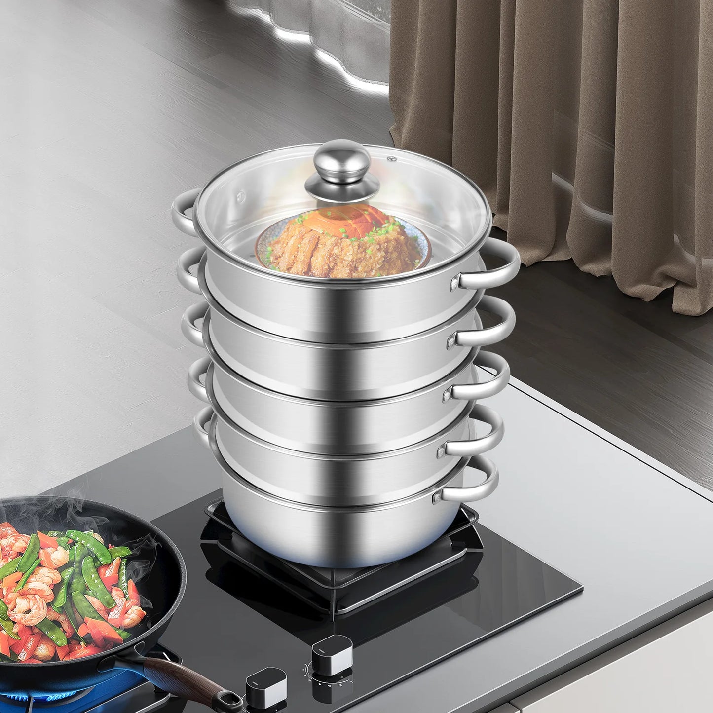 5-Layer Stainless Steel Steamer & Soup Pot Set – Multi-Use, High-Temp, Large Capacity